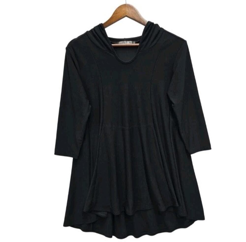Sympli Go-To Hooded Tunic Black Matte Jersey Swing Top Kangaroo Pocket Size 10